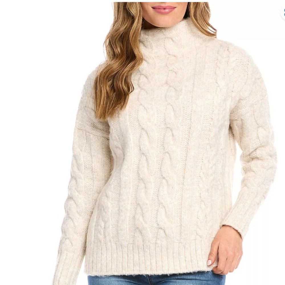 Mock Neck Cable Cream Knit Sweater